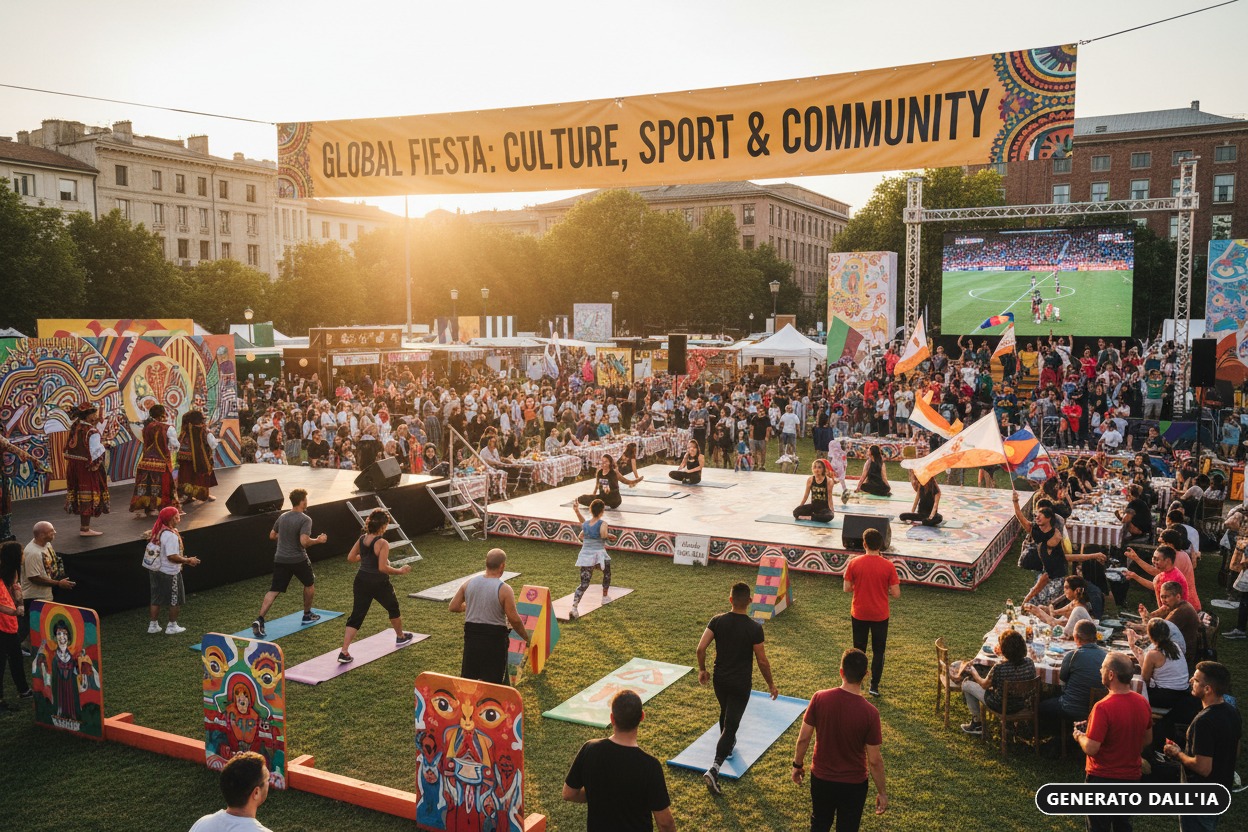 Un grande festival all'aperto con persone che fanno yoga su tappetini in un parco cittadino, sotto uno striscione con la scritta Global Fiesta: Culture, Sport & Community. (generato dall'IA)