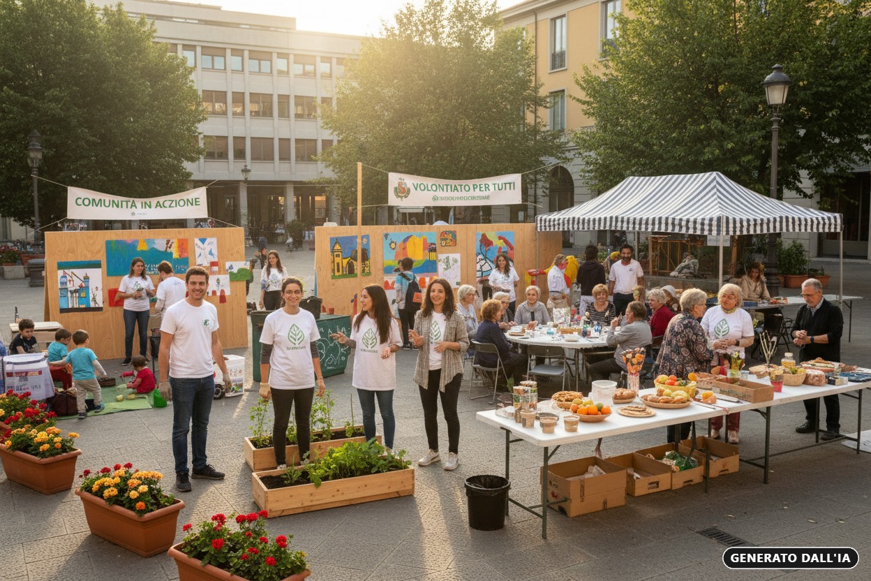 Persone e volontari si riuniscono in una piazza cittadina per una fiera all'aperto, con stand di cibo e orti urbani in primo piano. (generato dall'IA)
